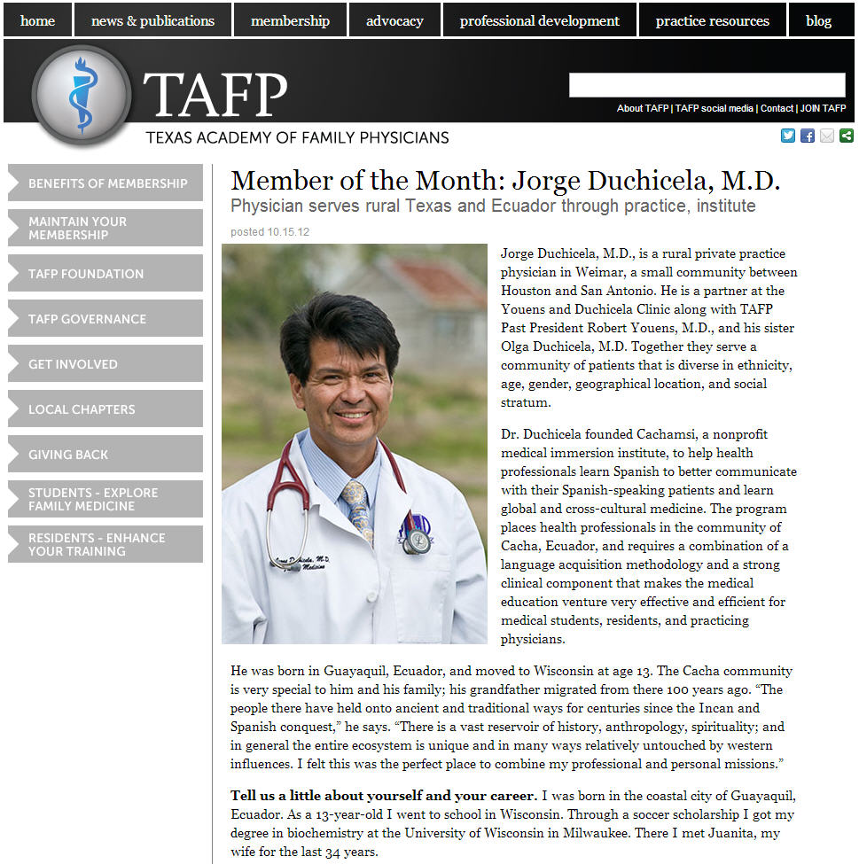 Screenshot of TAFP announcement of Jorge Duchicela, MD as Member of the Month