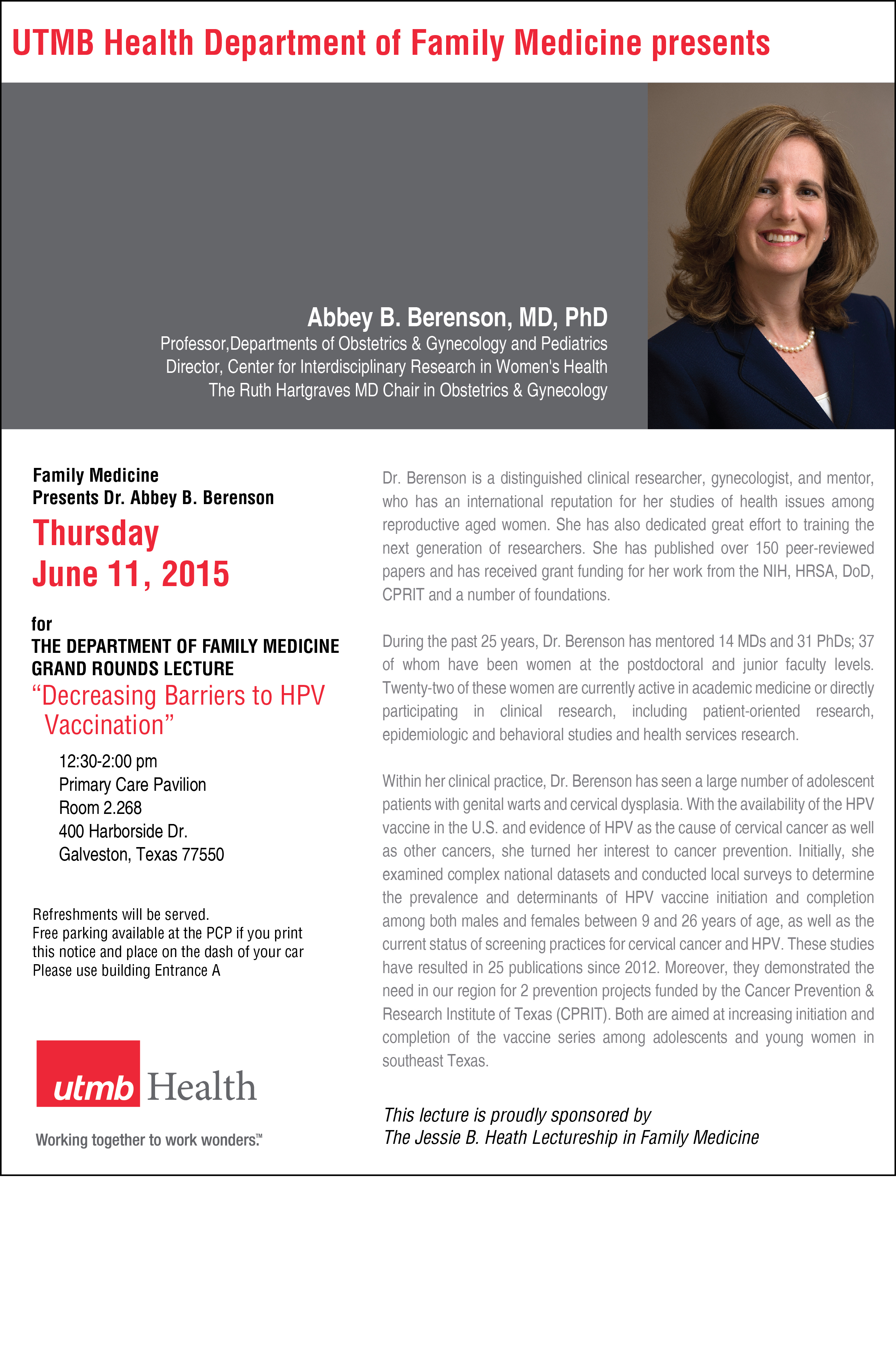 Announcement for grand rounds lecture by Abbey B. Berenson, MD, PhD