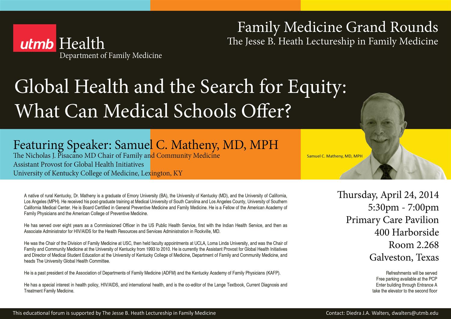 Announcement for a grand rounds lecture given by Samuel C. Matheny, MD, MPH