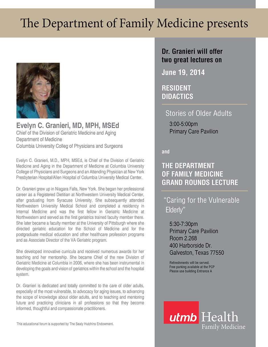 Announcement for grand rounds lecture given by Evelyn Granieri, MD, MPH, MSEd.